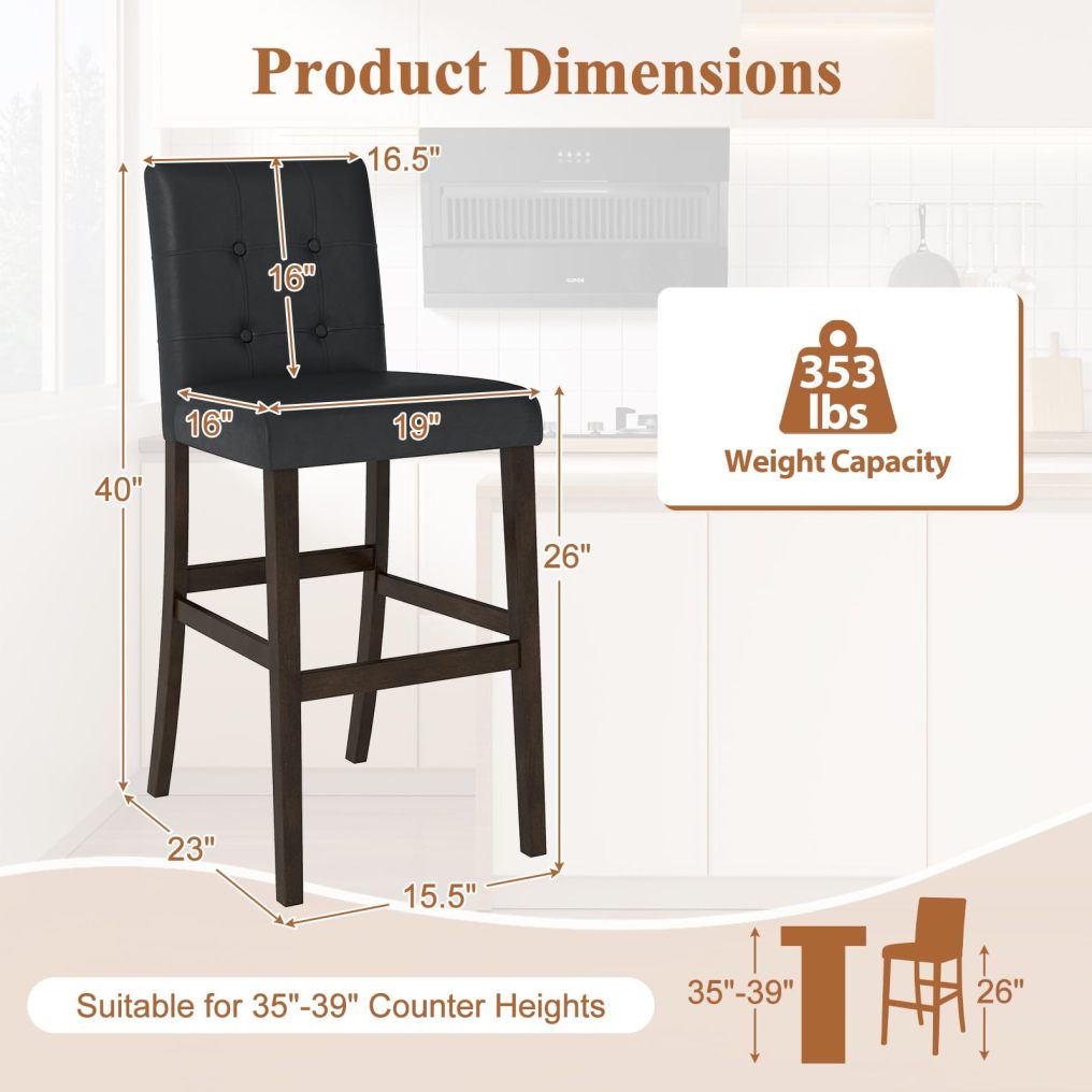 Set of 4 Bar Stools 26‘’ Upholstered Barstool with Back