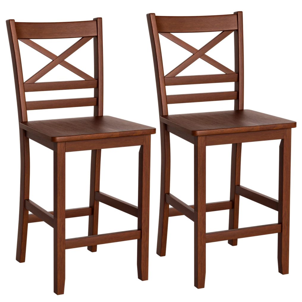 Antique Kitchen Counter Height Chairs with Wooden X-Shaped Backrest & Rubber Wood Legs