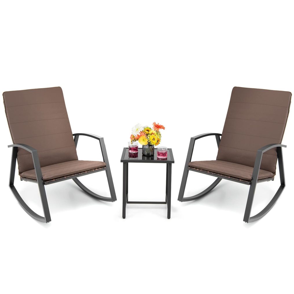 3 Pieces Rocking Chair Set Patio Rattan Bistro Set with Tempered Glass Top Side Table