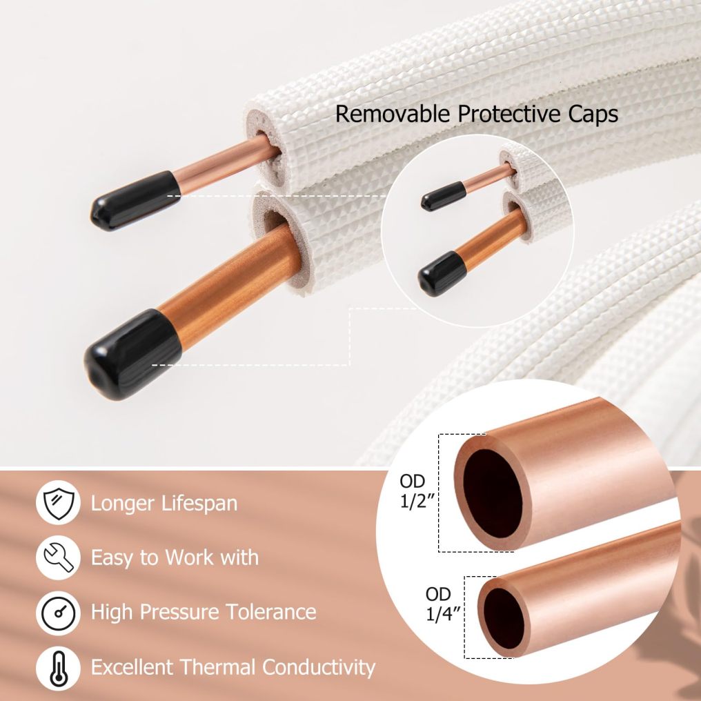 1/4” & 1/2” O.D. Copper Pipes Tubing with 3-Layer Insulation ( 50 Ft )