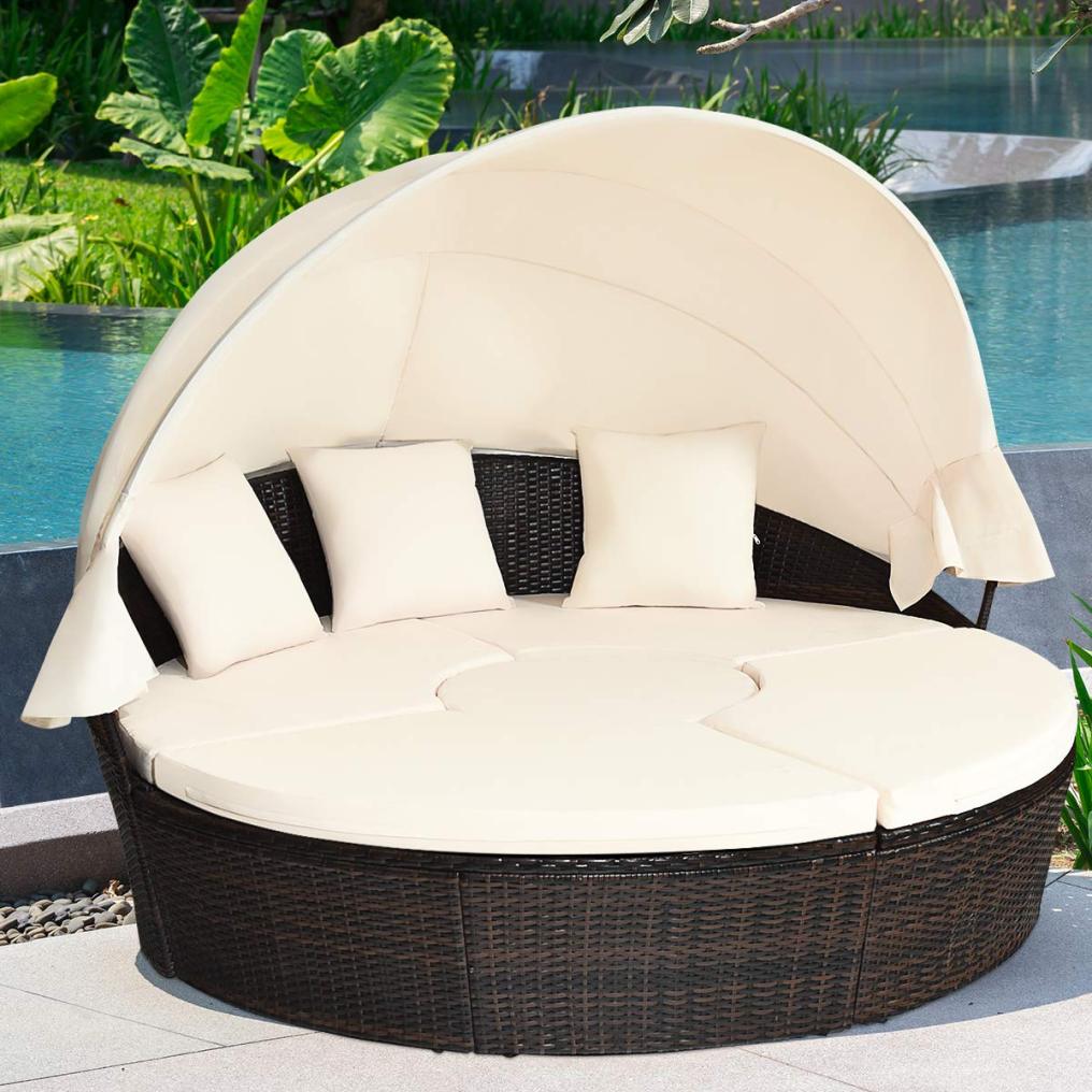 Patio Round Daybed with Retractable Canopy for Patio