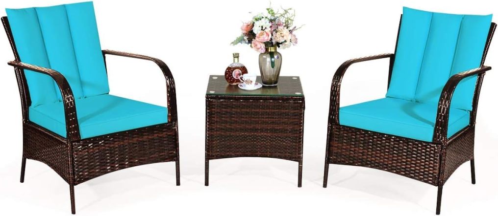 3 Pieces Patio Rattan Furniture Set with Coffee Table & 2 Cushions for Backyard