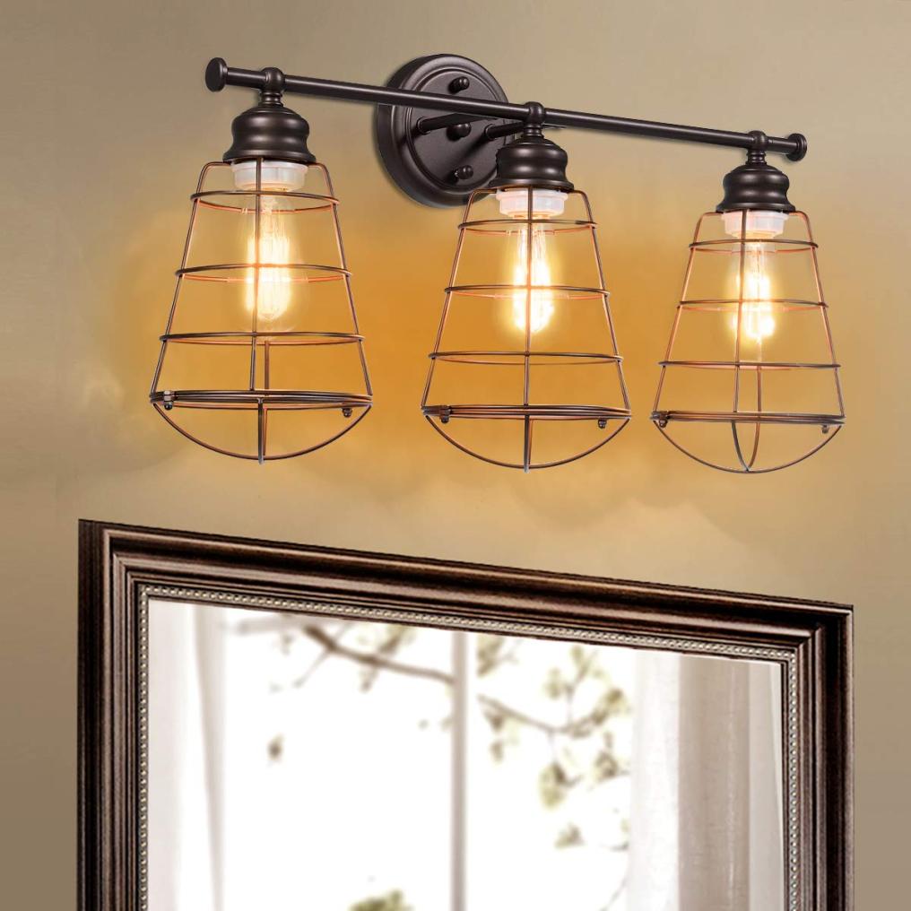 3-Light Vintage Vanity Lights, Industrial Metal Wire Cage Wall Sconces, Metal Wall Mount Lamp (Black & Golden)