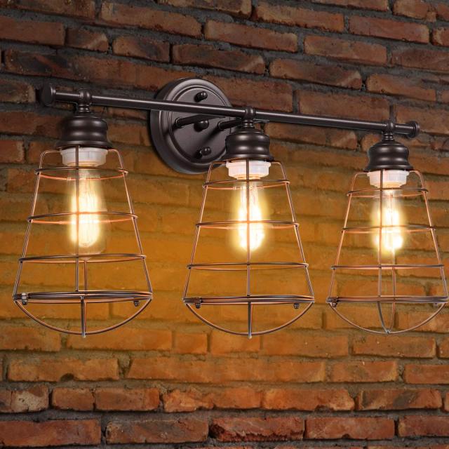3-Light Vintage Vanity Lights, Industrial Metal Wire Cage Wall Sconces, Metal Wall Mount Lamp (Black & Golden)