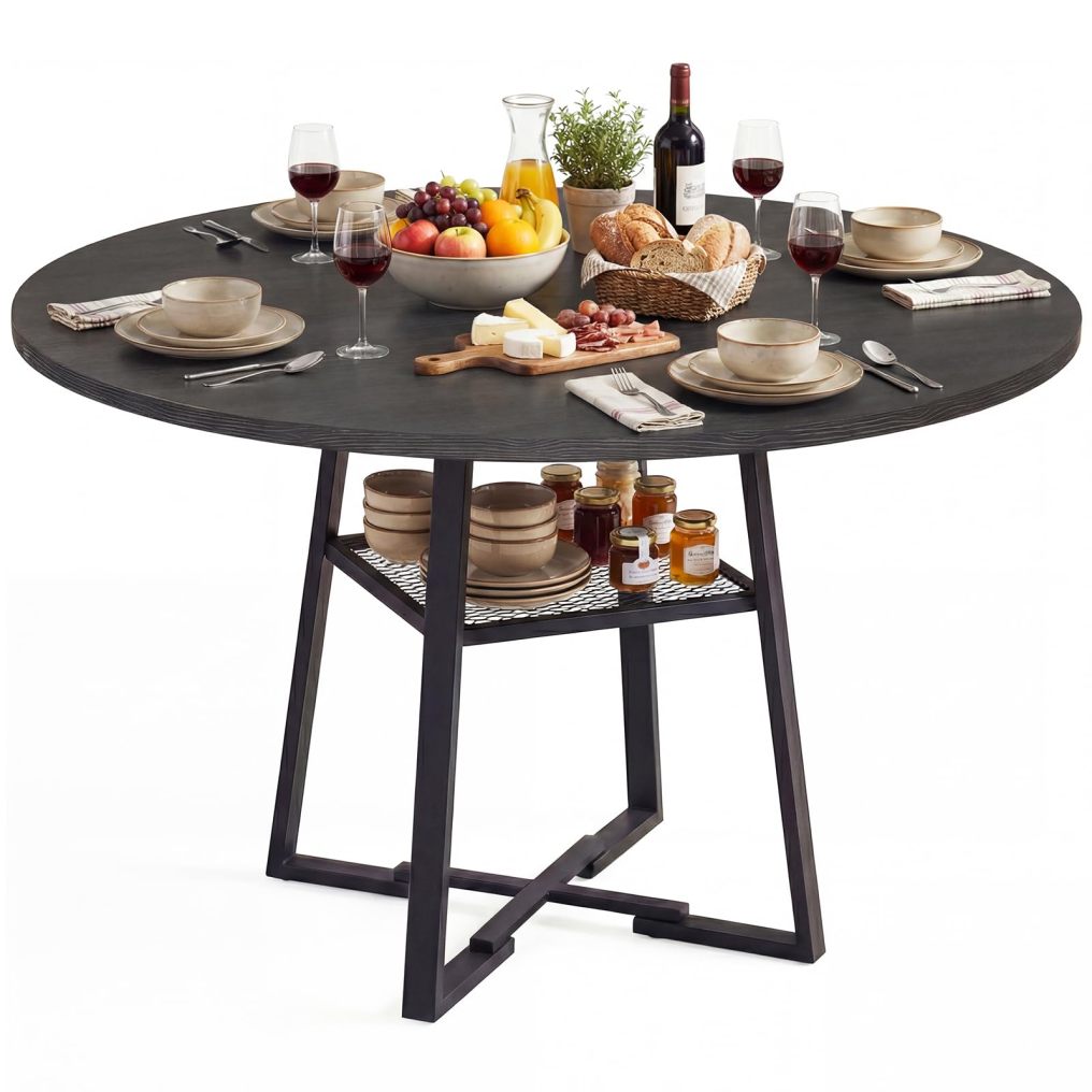 47.5" Round Dining Table for 4-6 with Storage Shelf & Metal Legs