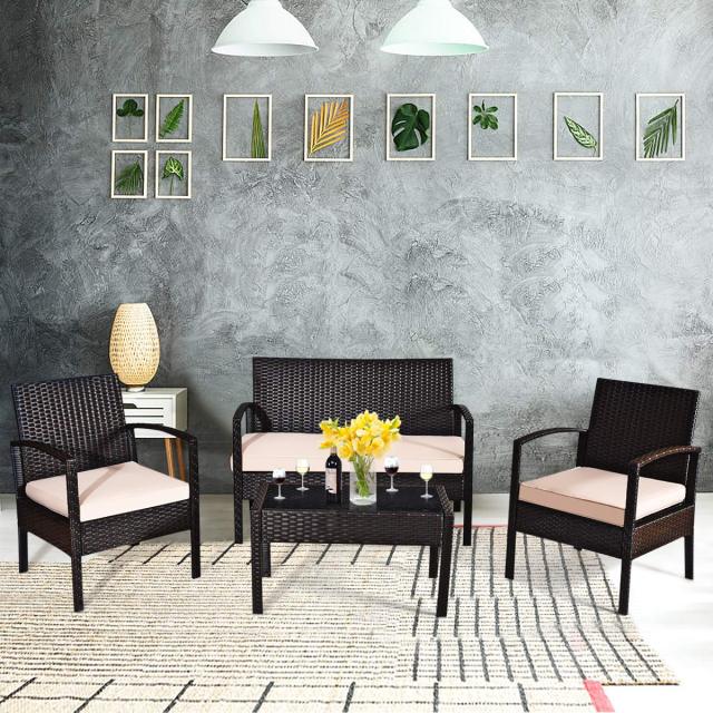 4 Pieces Patio Rattan Conversation Furniture Set with Glass Tabletop