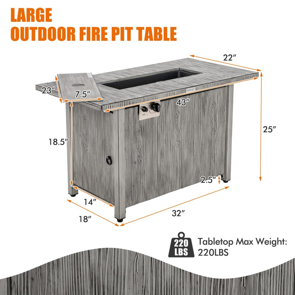43" Propane Fire Pit Table w/Waterproof Cover for Balcony