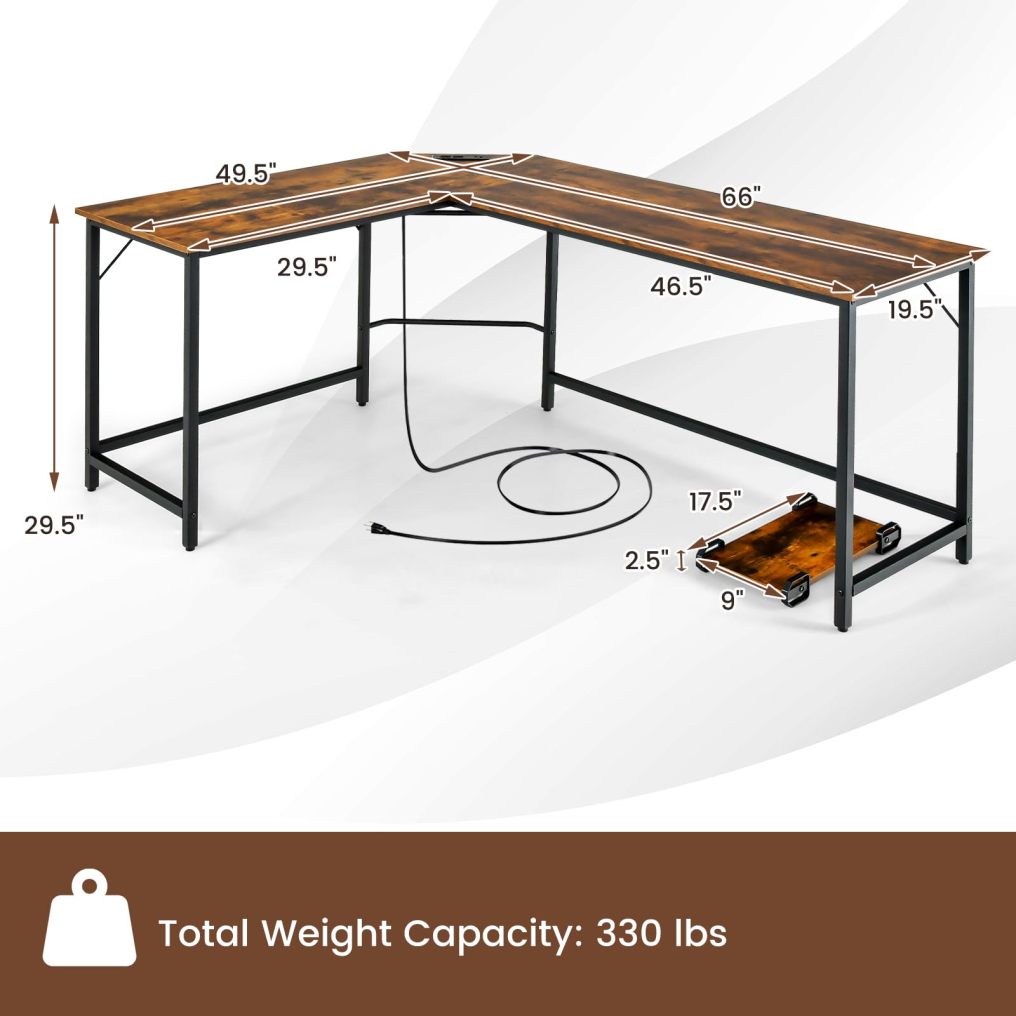 L-Shaped Desk with CPU Stand 66 Inch Wooden Top Space-Saving Corner Desk w/Metal Frame