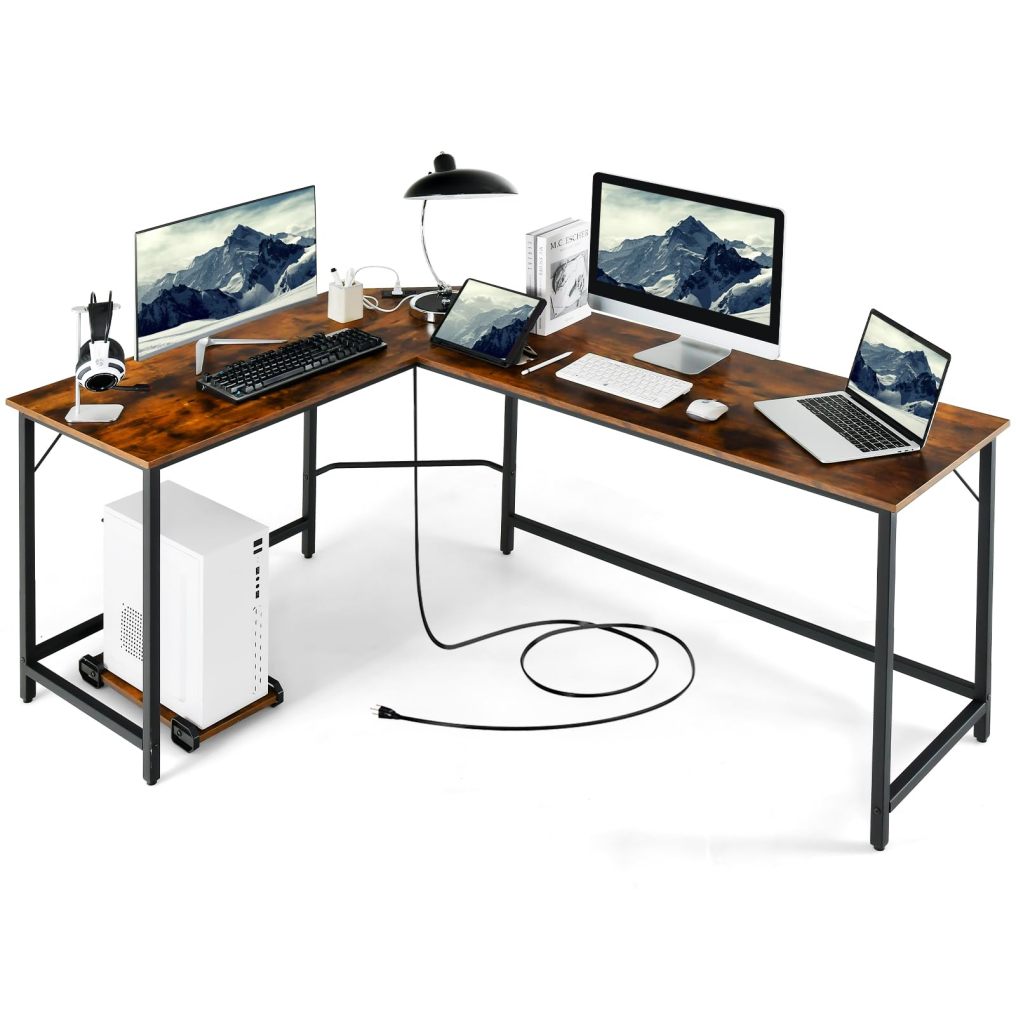 L-Shaped Desk with CPU Stand 66 Inch Wooden Top Space-Saving Corner Desk w/Metal Frame