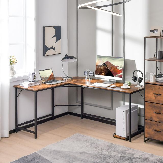 L-Shaped Desk with CPU Stand 66 Inch Wooden Top Space-Saving Corner Desk w/Metal Frame