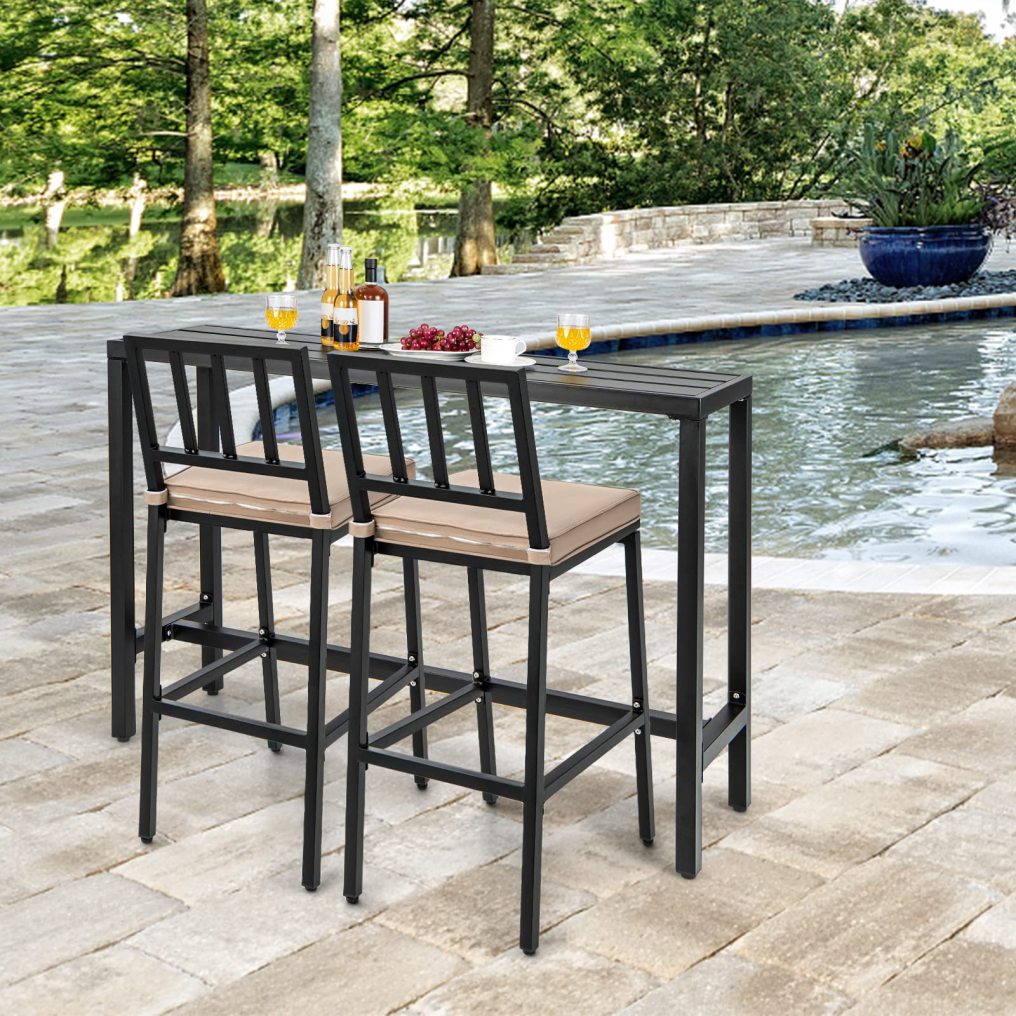 3 Piece Outdoor Patio Bar Set 55"/48" Rectangular Pub Height High Top Bar Table with 2 Cushioned Bar Stools