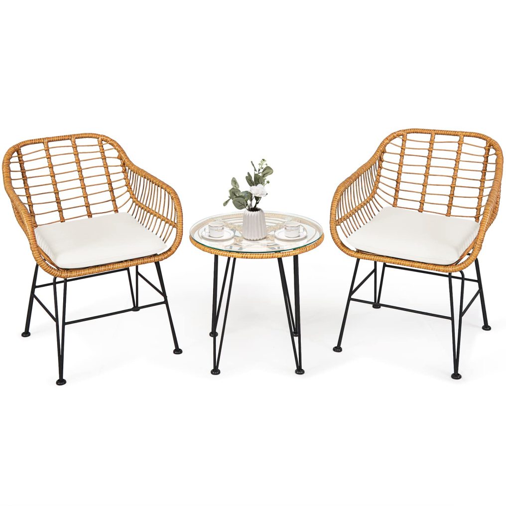 3-Piece Rattan Patio Bistro Set with 2 Cushioned Armchairs & Coffee Table