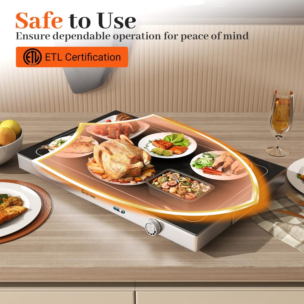 Electric Warming Tray with Adjustable Temperature & Built-in Handles