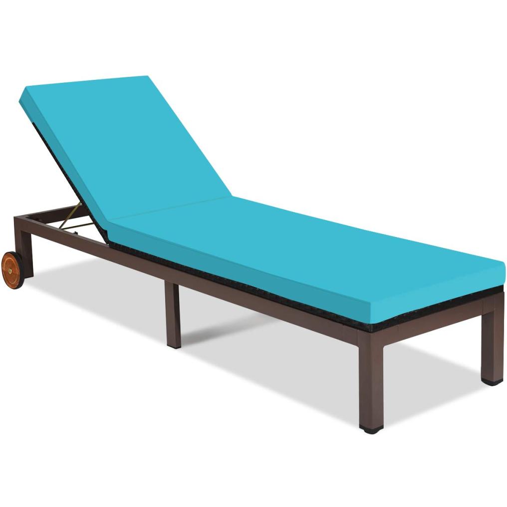 Patio Rattan Lounge Chair Chaise Recliner Back Adjustable Cushioned with Wheels