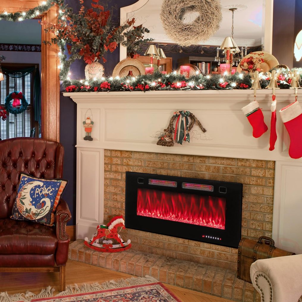 Ultra Thin Electric Fireplace 42 inch Wide with 12 Flame and Flame Bed Color