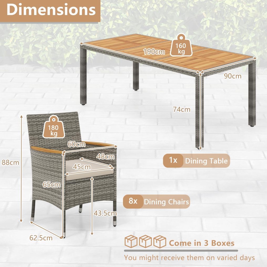 9-Piece Outdoor Rattan Wicker Table and Chairs Furniture Set with Umbrella Hole
