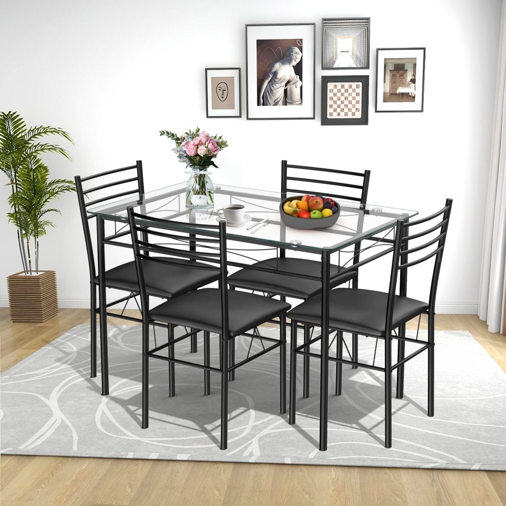 5 Piece Home Kitchen Dining Set Tempered Glass Top 4 Chairs Modern Design