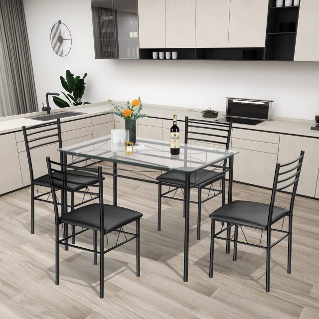5 Piece Home Kitchen Dining Set Tempered Glass Top 4 Chairs Modern Design