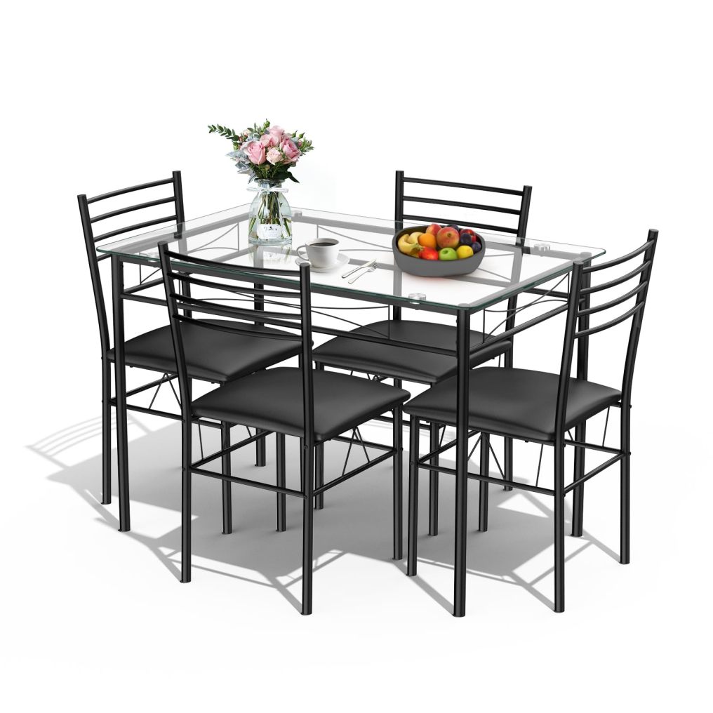 5 Piece Home Kitchen Dining Set Tempered Glass Top 4 Chairs Modern Design