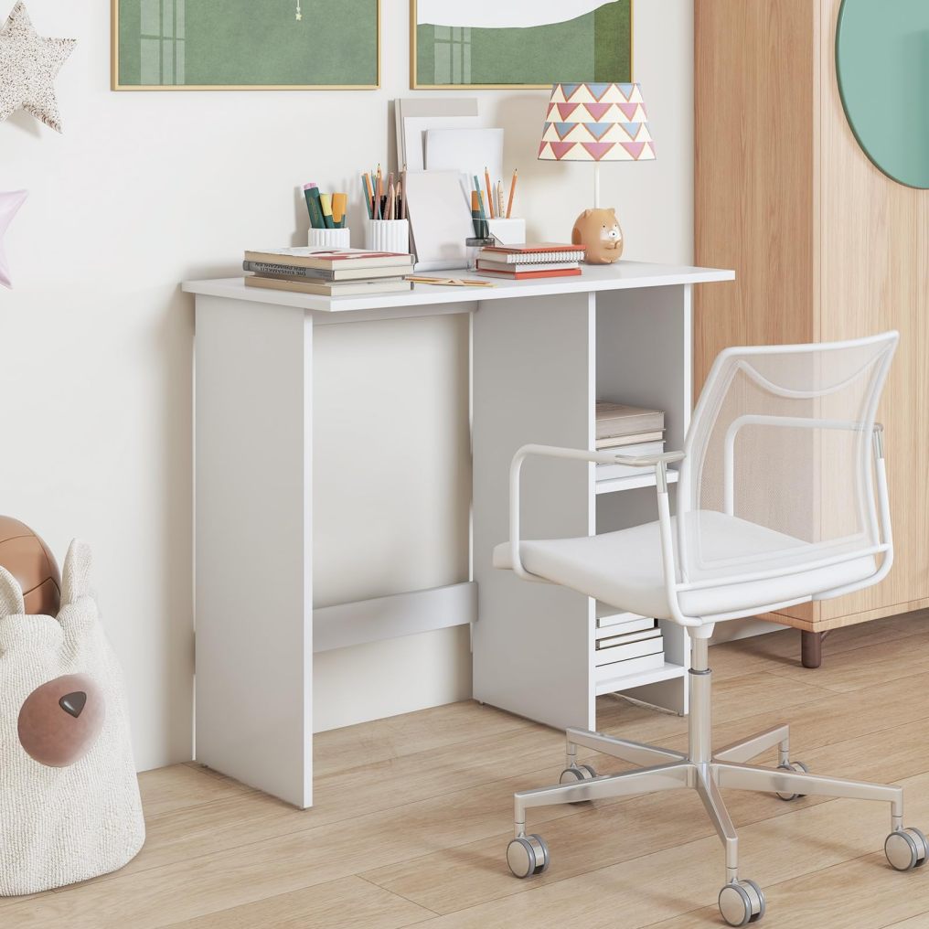 31.5” Space Saving White Writing Desk Modern Home Office Computer Workstation with Adjustable Shelf