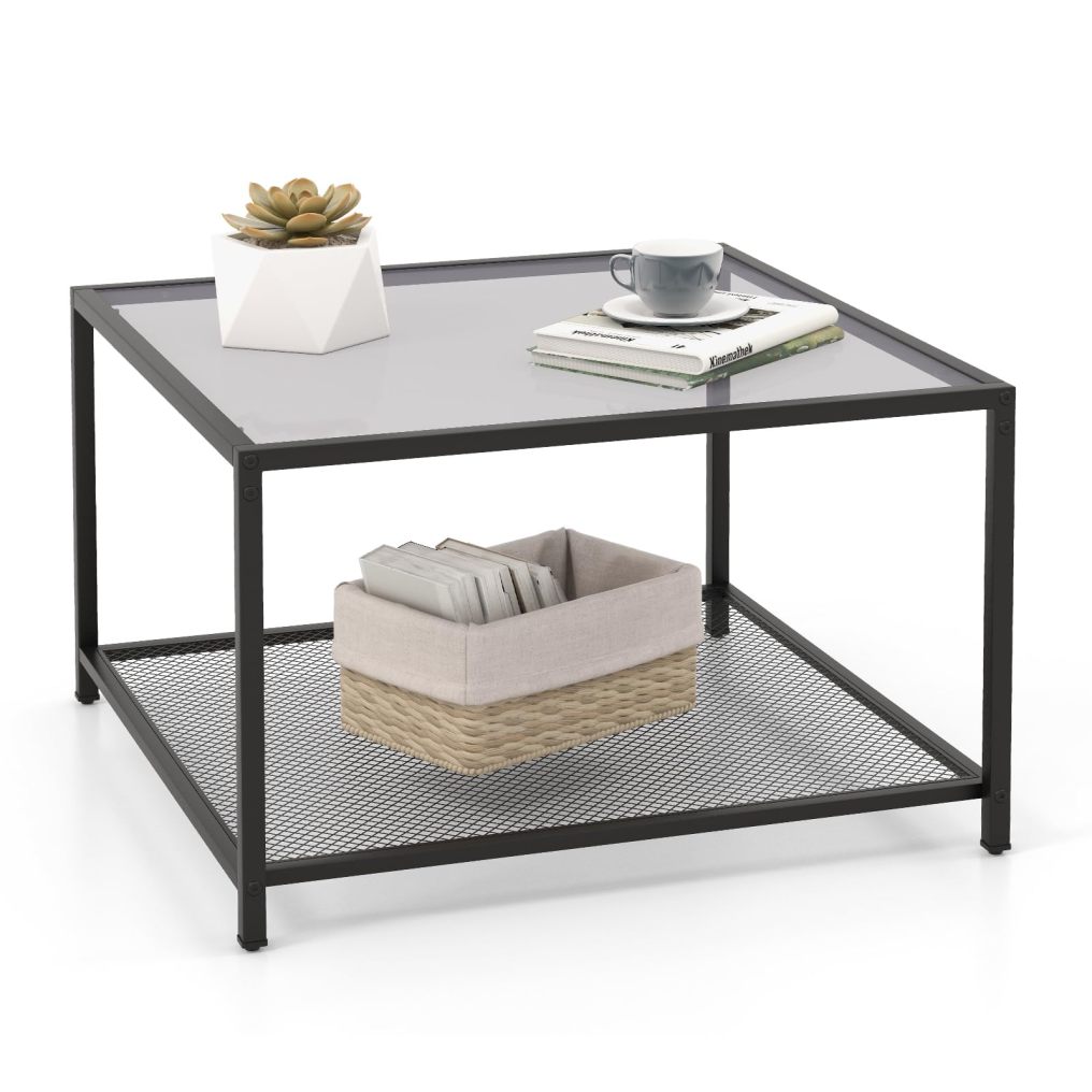 27.5” Square Glass Top Accent Table with Metal Frame