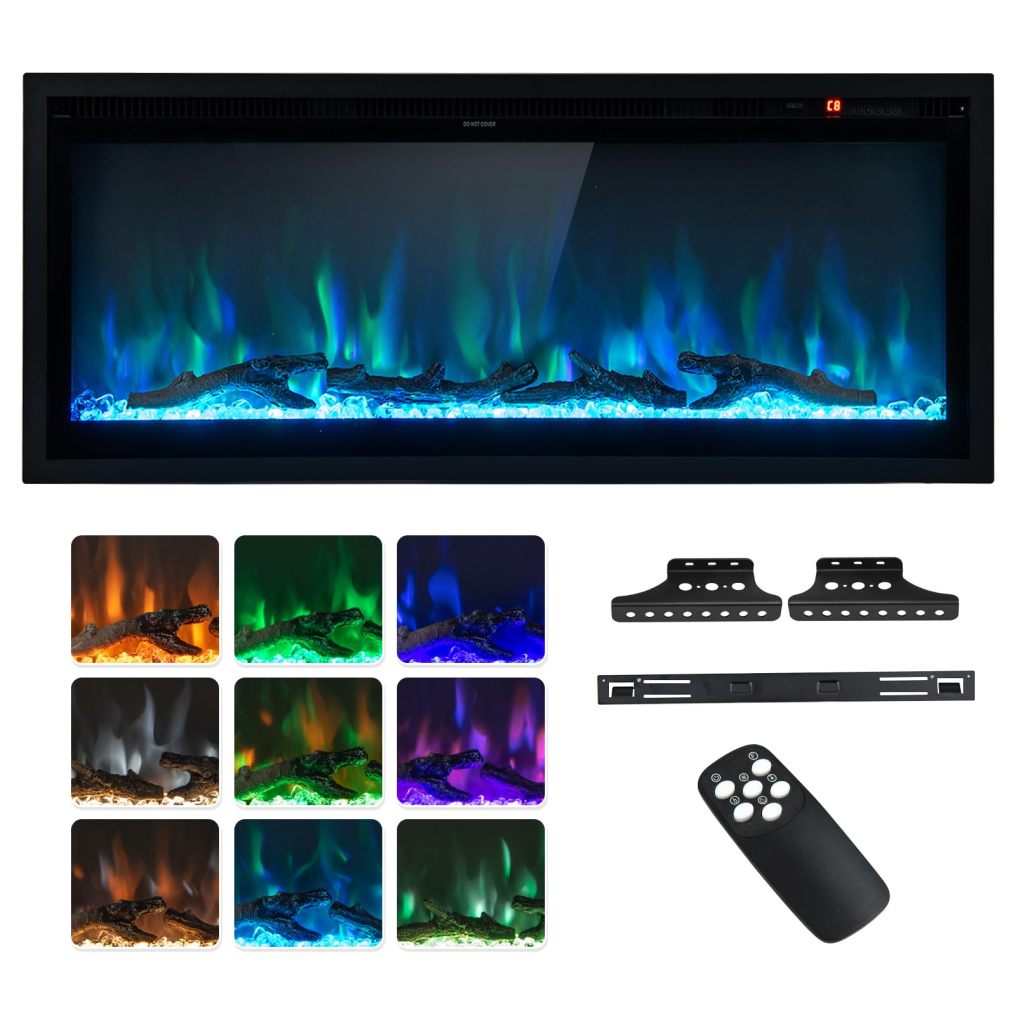 Electric Fireplace 42-Inch Wide, 9 Flame Color, 5-Level Brightness, 8H Timer, Thermostat