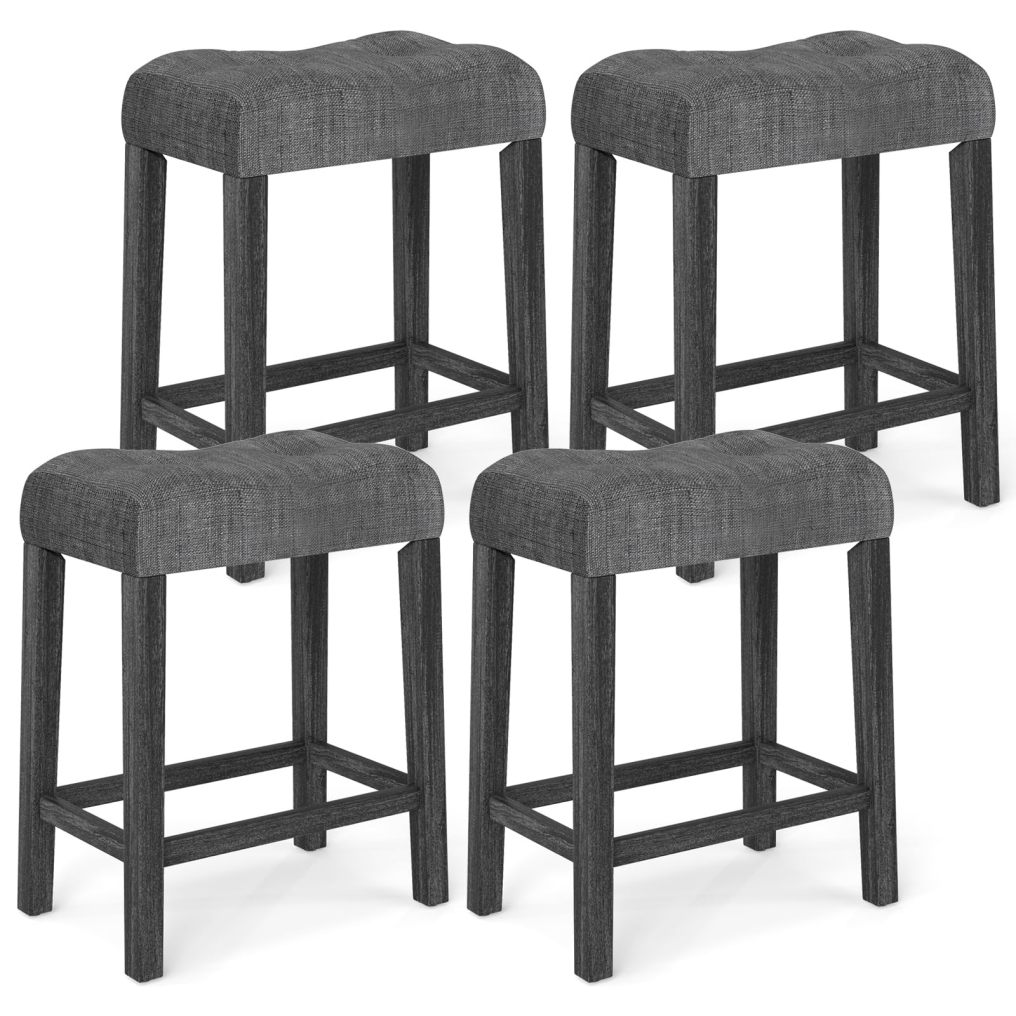 Wooden Saddle Stools Set 24-inch Counter Height Upholstered Backless Bar Stools with Solid Rubber Wood Legs