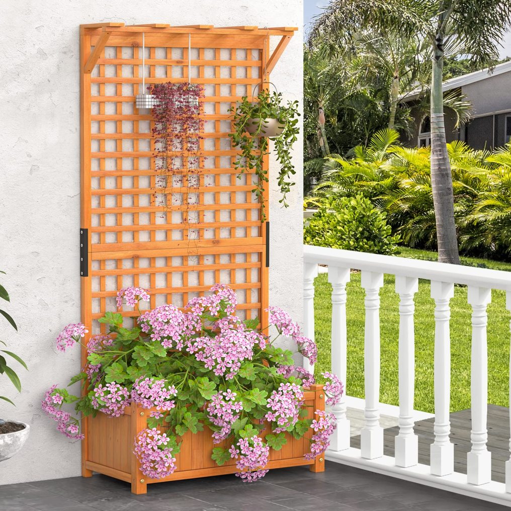 Raised Garden Bed with Trellis Indoor & Outdoor Wooden Planter Box（35.5"Lx17.5"Wx72.5"H）