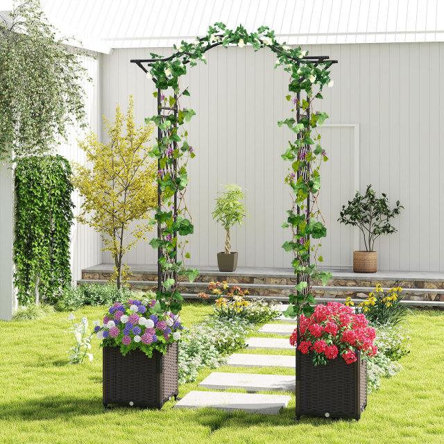 82 x 99 Inch Garden Arch Trellis with 2 Self-Watering Planter Boxes Wheels
