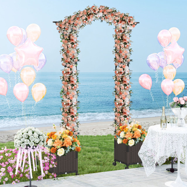 82 x 99 Inch Garden Arch Trellis with 2 Self-Watering Planter Boxes Wheels