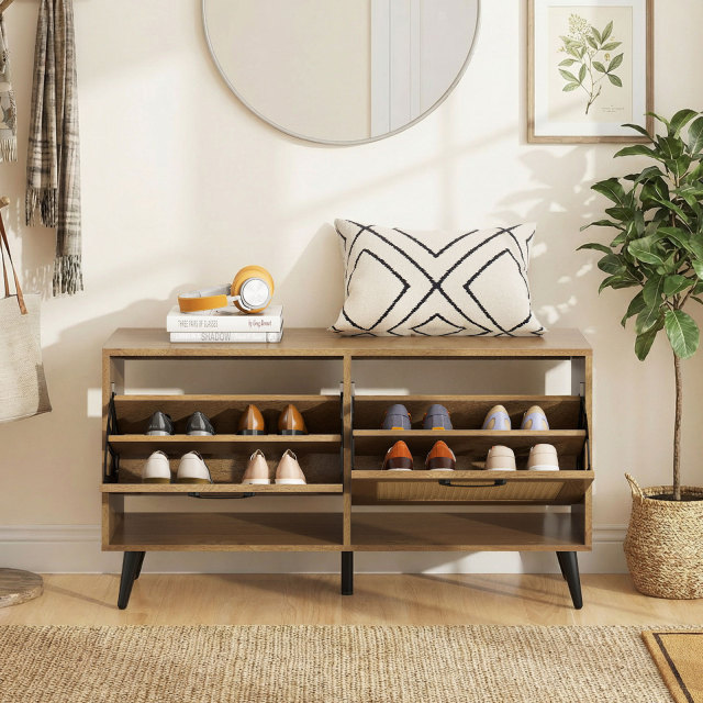 Modern Freestanding Shoe Cabinet with 2 Flip Drawers and Adjustable Shelves for Entryway