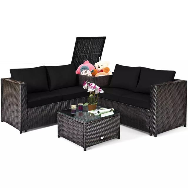 4 Piece Rattan Patio Conversation Furniture Set with Loveseat, Storage Box, Glass Top Coffee Table & Waterproof Cover for Garden, Poolside