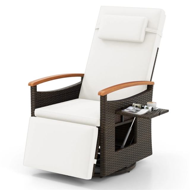 Outdoor 360° Swivel Rattan Recliner Chair with Adjustable Backrest & Footrest, Patio Wicker Chaise Lounge Chair with Flip Side Table & Cushion