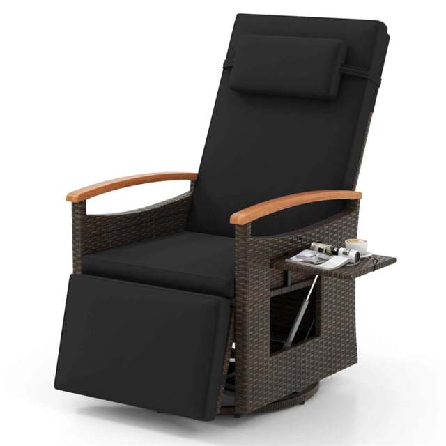Outdoor 360° Swivel Rattan Recliner Chair with Adjustable Backrest & Footrest, Patio Wicker Chaise Lounge Chair with Flip Side Table & Cushion