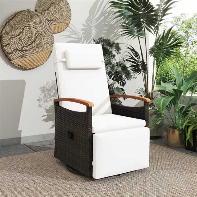 Outdoor 360° Swivel Rattan Recliner Chair with Adjustable Backrest & Footrest, Patio Wicker Chaise Lounge Chair with Flip Side Table & Cushion