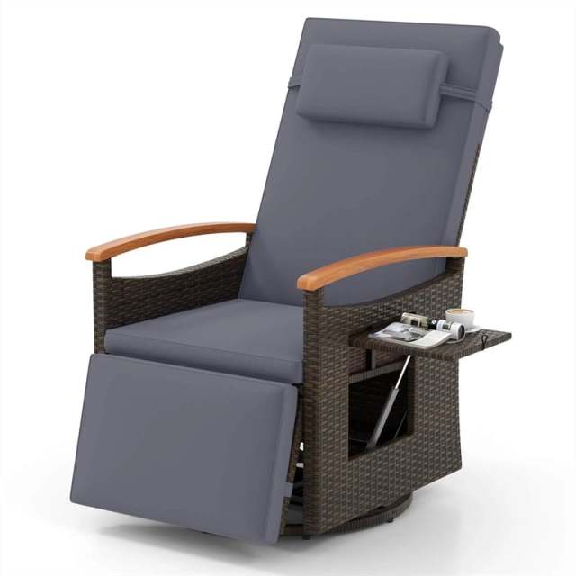 Outdoor 360° Swivel Rattan Recliner Chair with Adjustable Backrest & Footrest, Patio Wicker Chaise Lounge Chair with Flip Side Table & Cushion