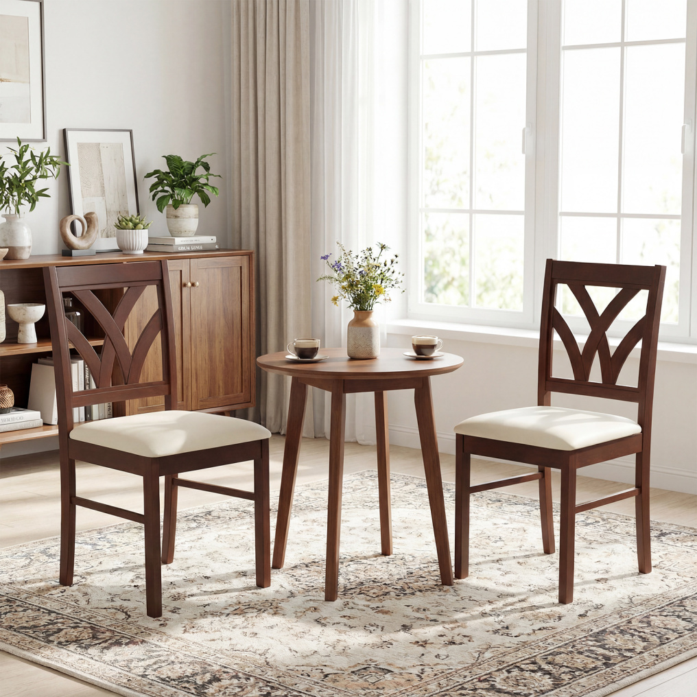 Set of 2 Wooden Dining Chairs Upholstered with Hollowed Backrest and Soft Padded Seat-Oak