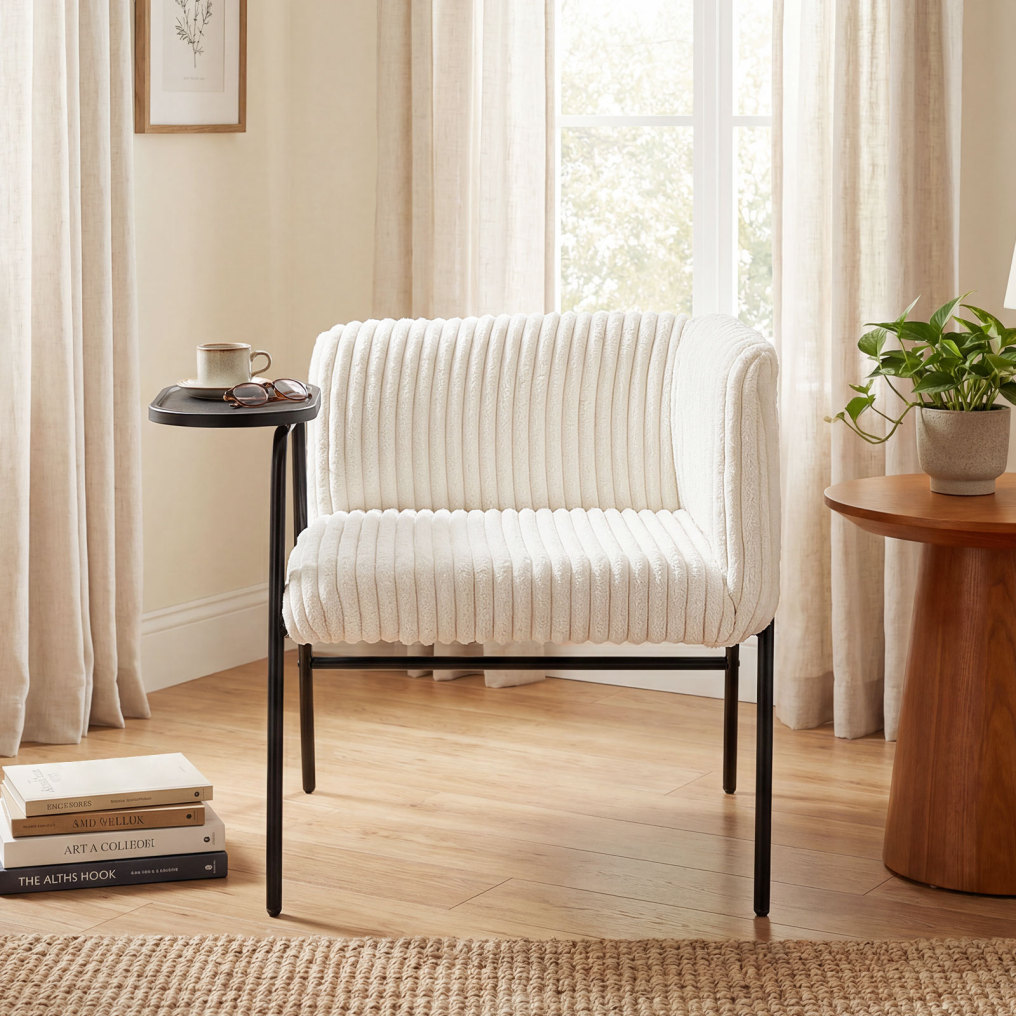 Modern Accent Chair with Tray Table and Solid Metal Frame-Beige