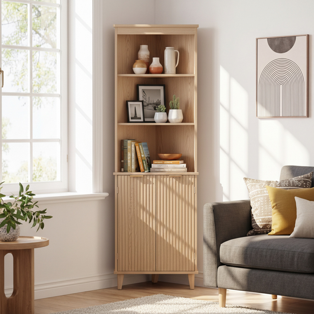 68 Inch Tall Corner Cabinet with Fluted Doors for Bathroom-Oak