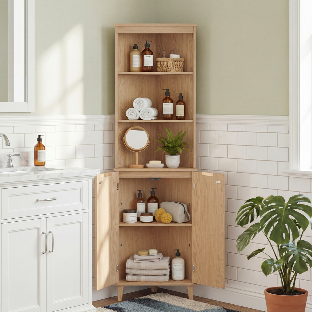 68 Inch Tall Corner Cabinet with Fluted Doors for Bathroom-Oak