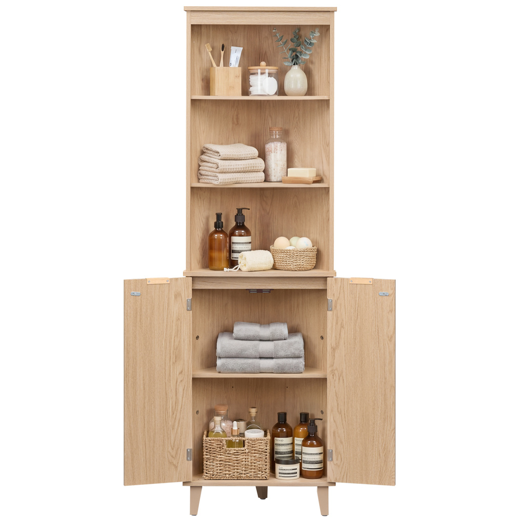 68 Inch Tall Corner Cabinet with Fluted Doors for Bathroom-Oak
