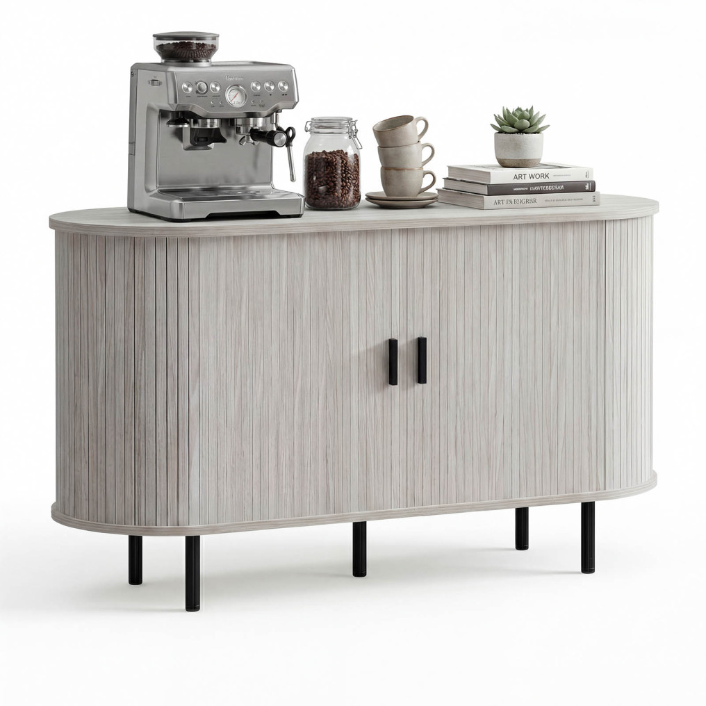 47 Inch Fluted Sideboard Buffet Cabinet with Tambour Sliding Doors and Metal Legs-Natural
