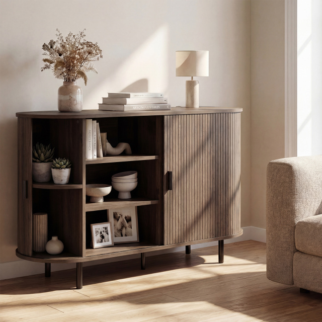 47 Inch Fluted Sideboard Buffet Cabinet with Tambour Sliding Doors and Metal Legs