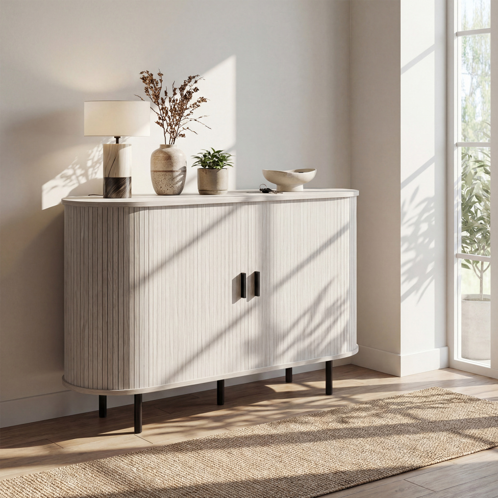 47 Inch Fluted Sideboard Buffet Cabinet with Tambour Sliding Doors and Metal Legs-Natural