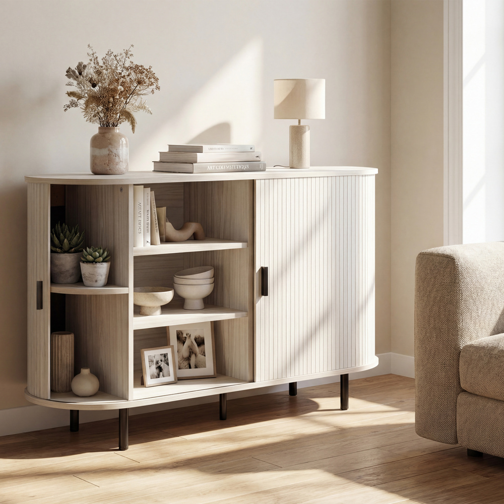 47 Inch Fluted Sideboard Buffet Cabinet with Tambour Sliding Doors and Metal Legs-Natural