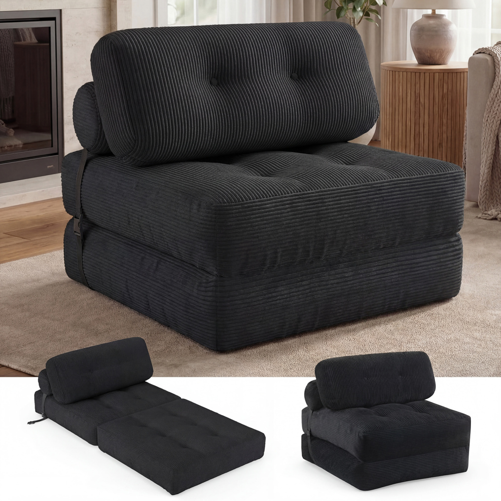 Folding Sofa Bed with Pillow and Back Support for Living Room-Black