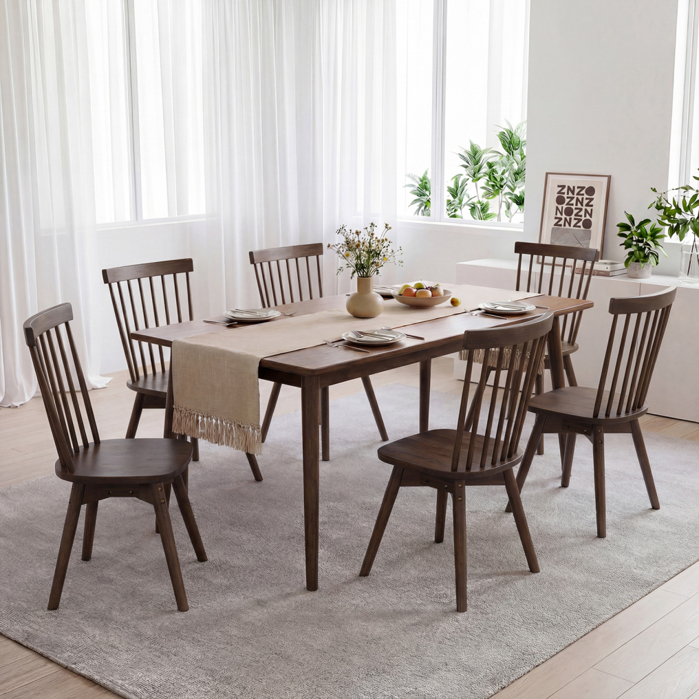Windsor Dining Chairs Set of 4 Mid Century Rubber Wood Kitchen Chairs with Swivel Seat-Walnut