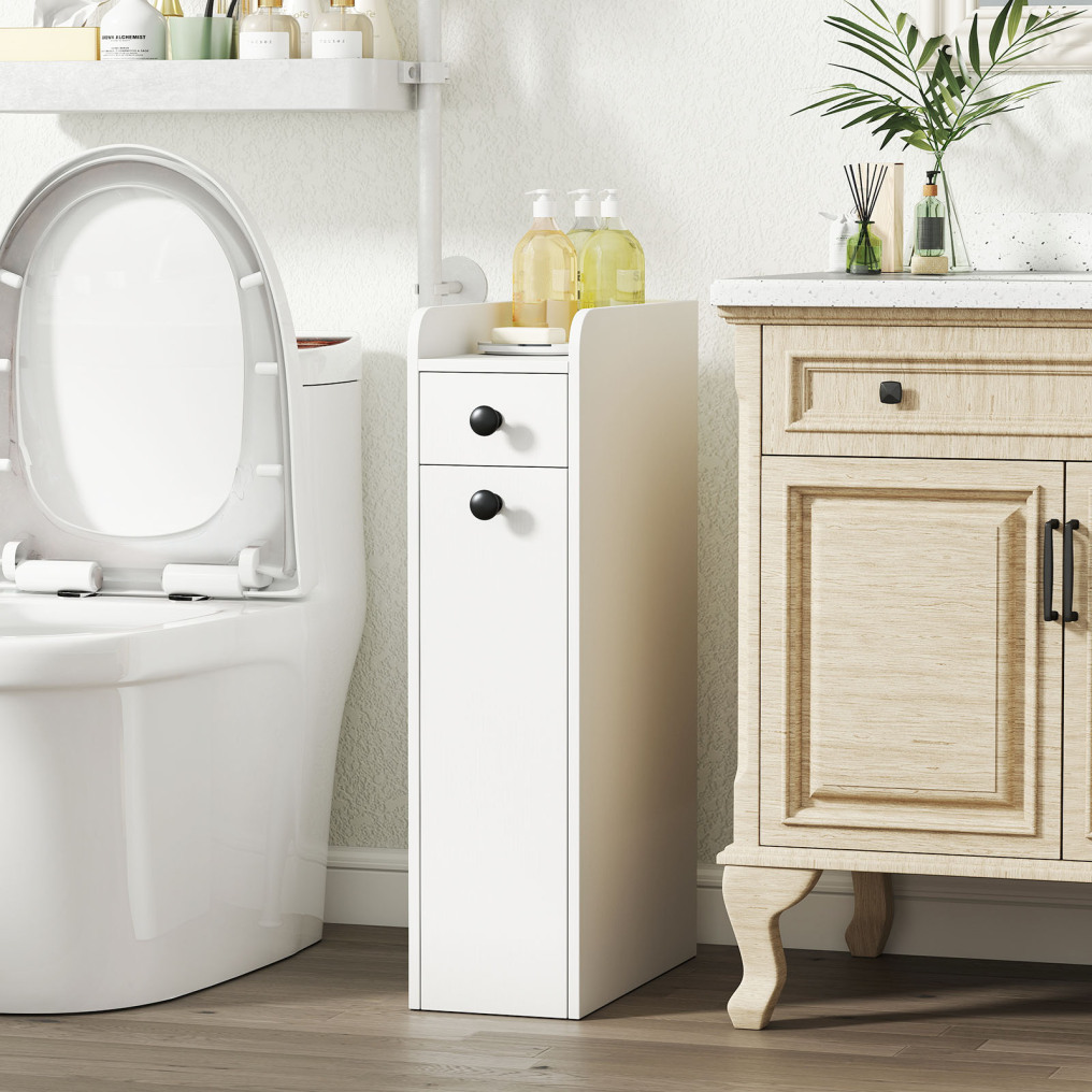 Small Bathroom Storage Cabinet 4-Tier with Slide Out Drawers on Casters-White