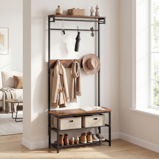 Coat Rack 4-In-1 Hall Tree with Shoe Bench and Removable Hooks