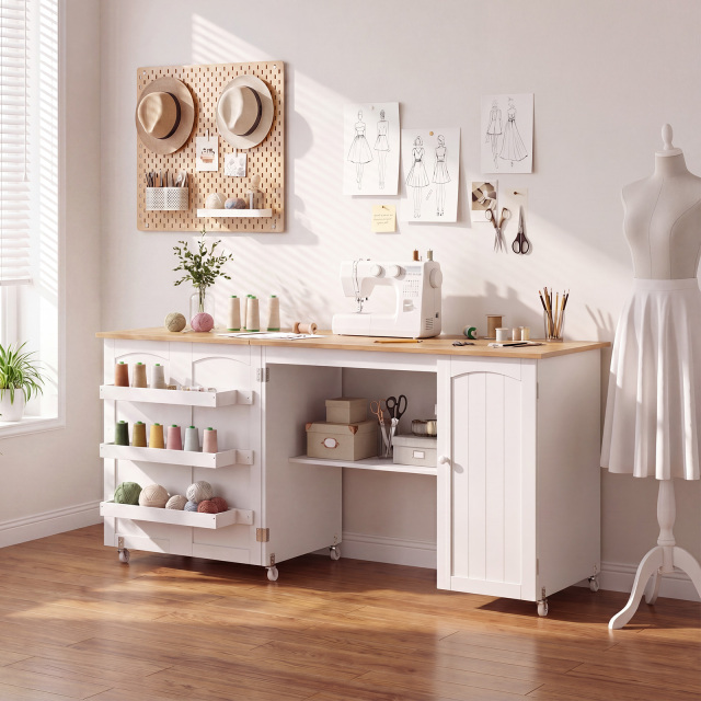 Folding Large Sewing Table Storage Shelves and Lockable Casters